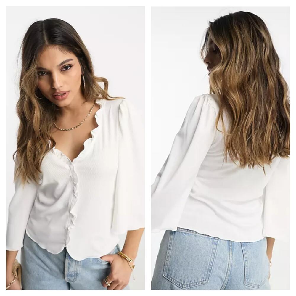VILA White Ruffle V-Neck Bell Sleeve Blouse Women’s Small Semi Sheer